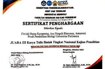 Fitriah Husna Karepesina (Ketua), Ayu Ningsih Raharusun dan Asmawati Rahma Baysi, Juara 3 Lomba Karya Tulis Ilmiah Tingkat Nasional Kajian Penelitian Tahun 2023