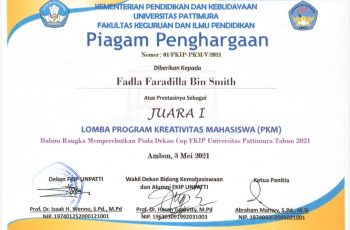 Fadla Faradila Bin Smith, Juara 1 Lomba Program Kreativitas Mahasiswa (PKM) dalam rangka Piala Dekan Cup FKIP-UNPATTI Tahun 2021